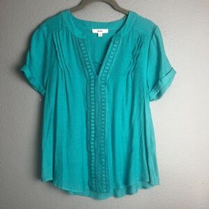 MINE Crochet Trim Tunic Top Blouse Short Sleeve Coastal Casual‎ Teal Blue Size S